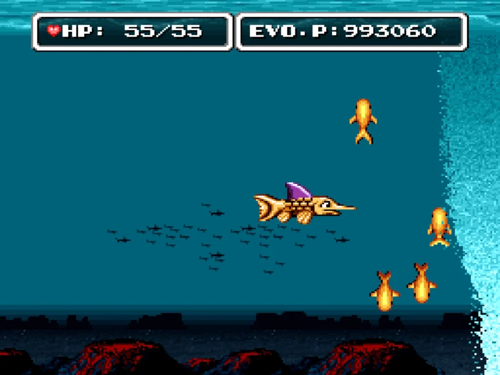 The player guides a fish through an underwater stage with volcanos on the seabed.