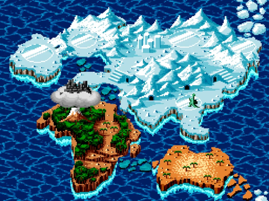 An overhead view of the world map during the Ice Age section of the story.