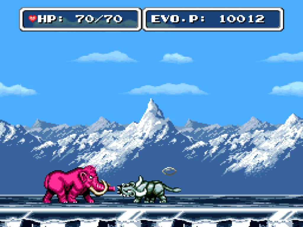The player approaches a pink woolly mammoth in a level with a frozen landscape.