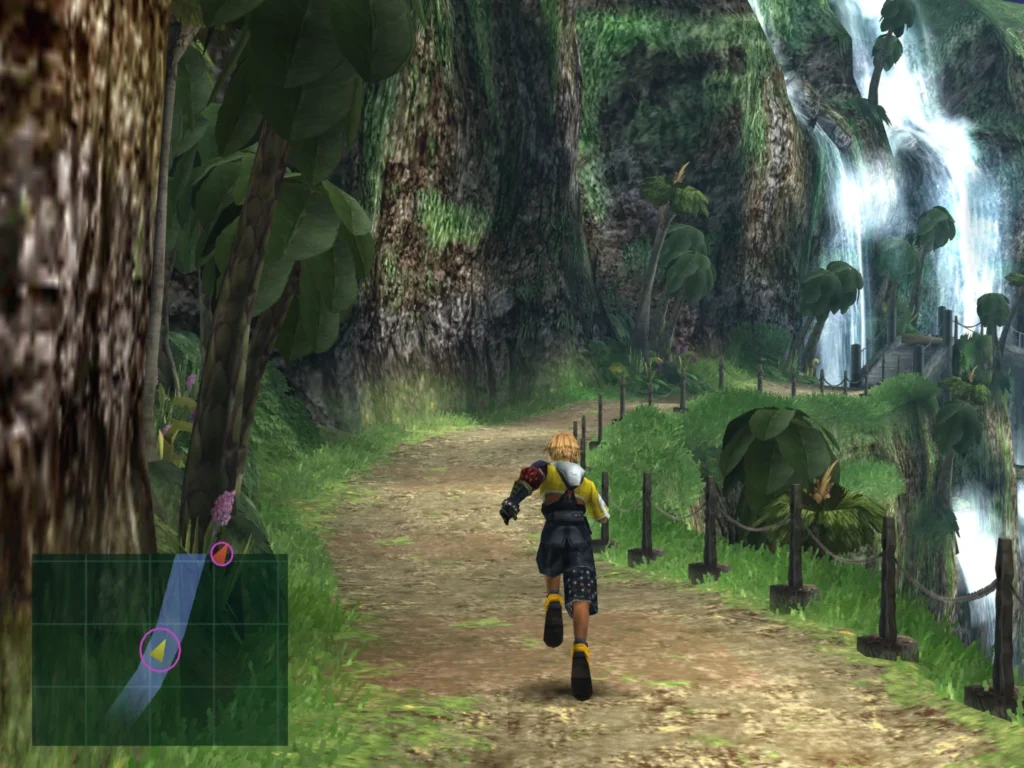 Tidus explores Besaid Island following a path that wraps around a waterfall.