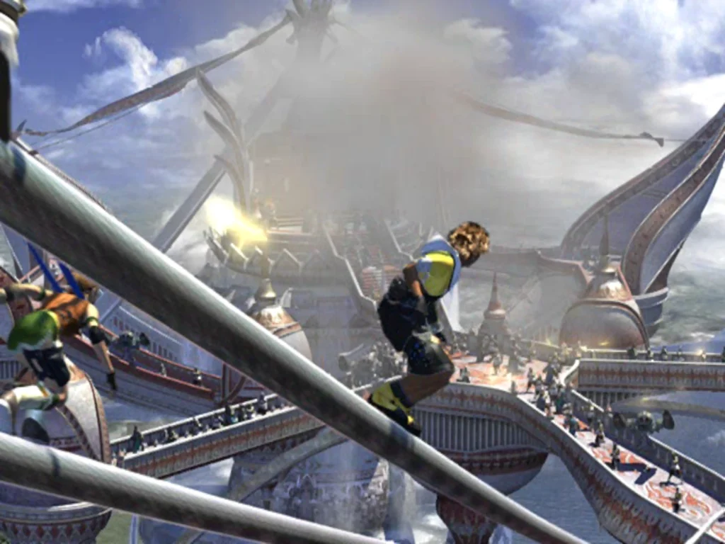 A full motion video depicting the cast of characters sliding down a rope wire.