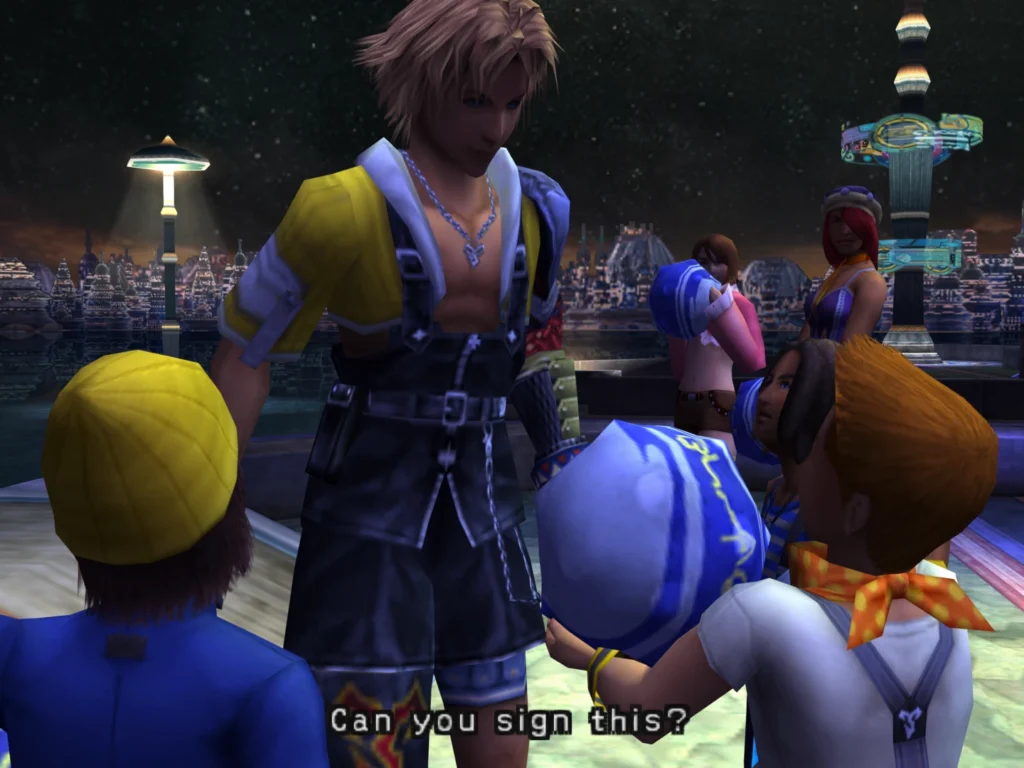 Tidus greets his enthusiastic fans before a blitzball match in Zanarkand.