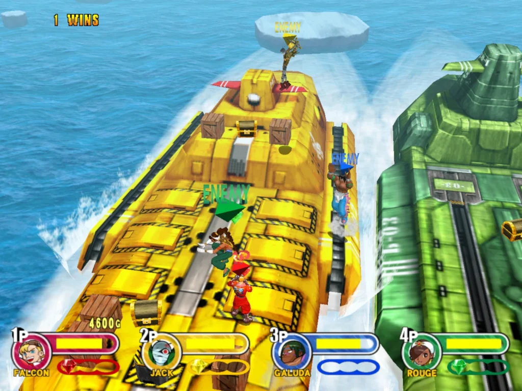 Players battle atop a yellow and a green submarine.