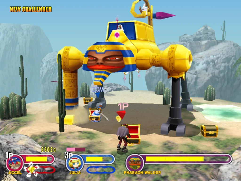 Two players battle against a boss character in story mode.