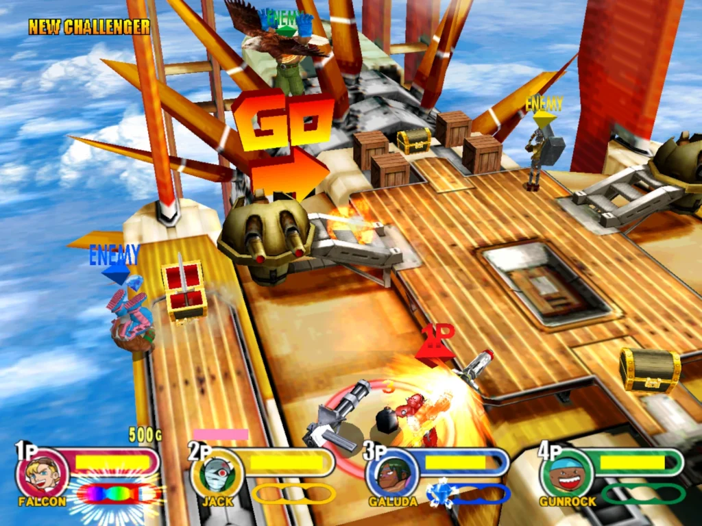 A battle on top of an airship flying in the sky.