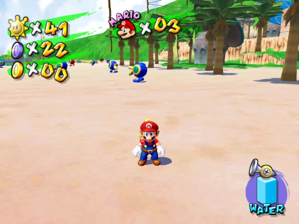 Mario stands on a beach facing the camera with enemies and palm trees in the background.
