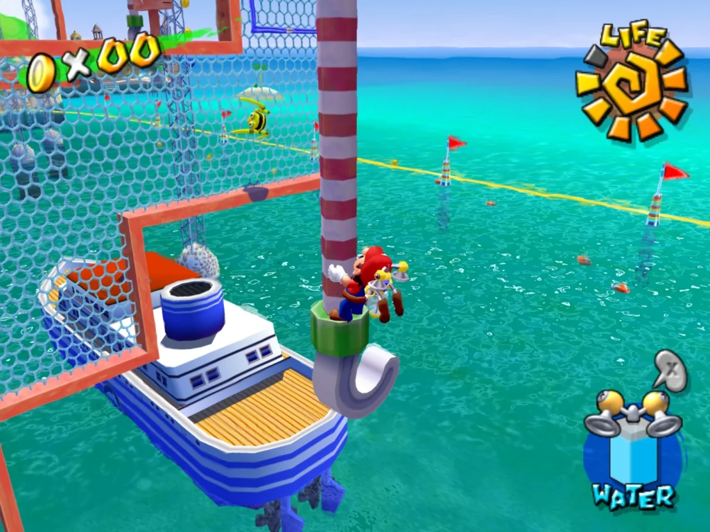 Mario holds on to a pole with a hook on the end as he dangles above water with a ship in the background.
