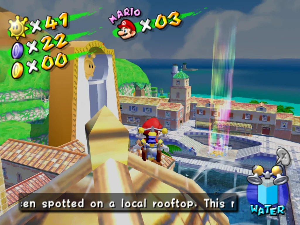 Mario stands atop a tall building overlooking Delfino Island.