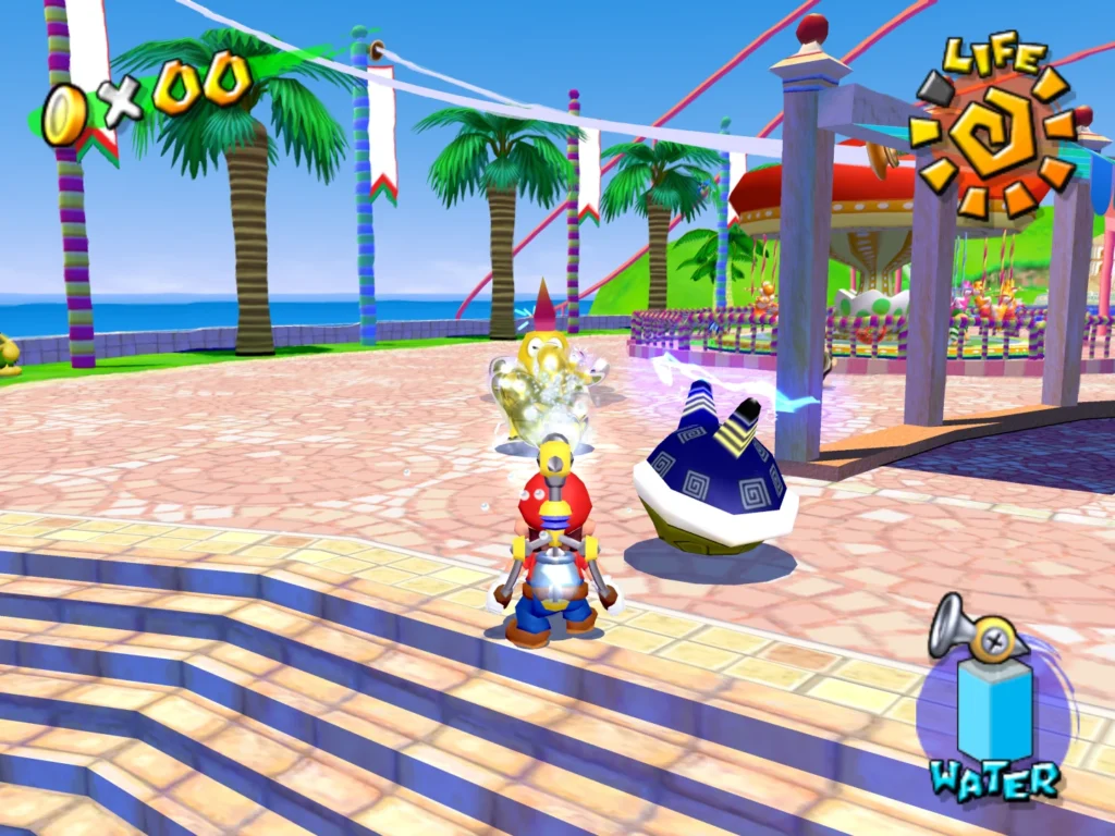 Mario squirts water at an enemy in a theme park based stage.