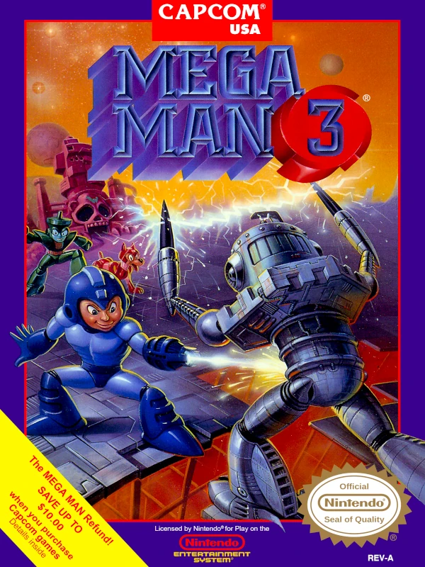 Front cover for Mega Man 3 on the Nintendo Entertainment System.