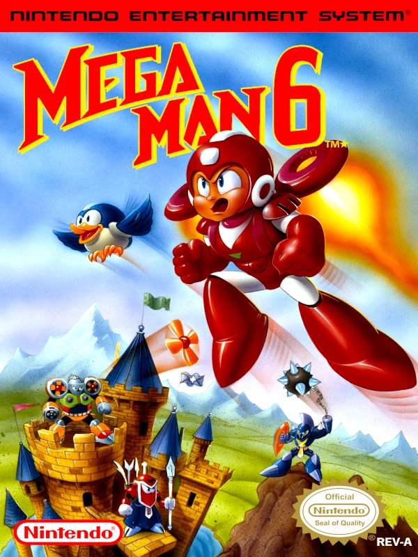 Front cover for Mega Man 6 on the Nintendo Entertainment System.
