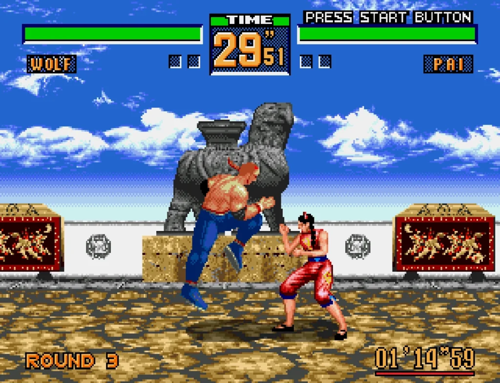 Characters Wolf and Pai fight in an outdoor arena.