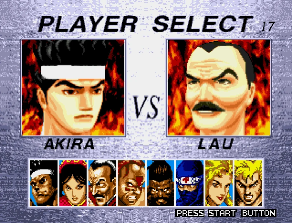 The character select screen in the Sega Genesis version of Virtua Fighter 2.