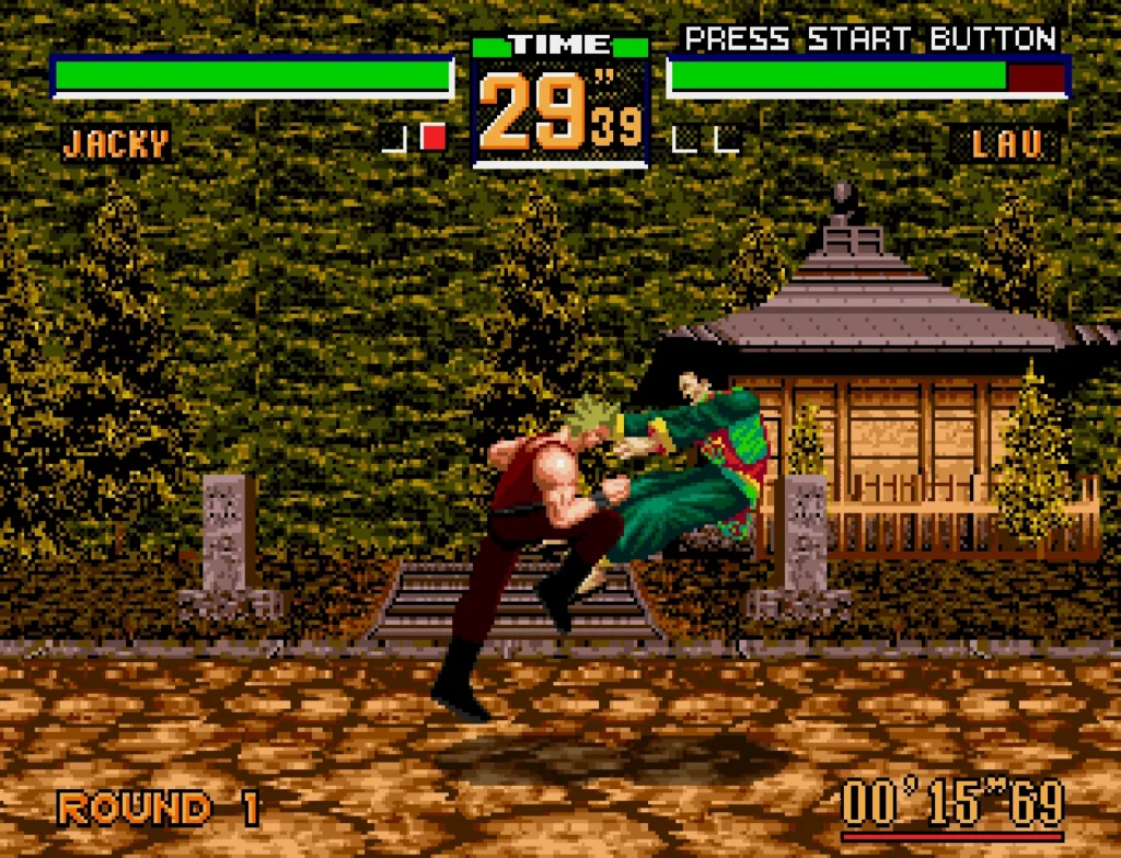 Jackie strikes Lau in a forested stage.
