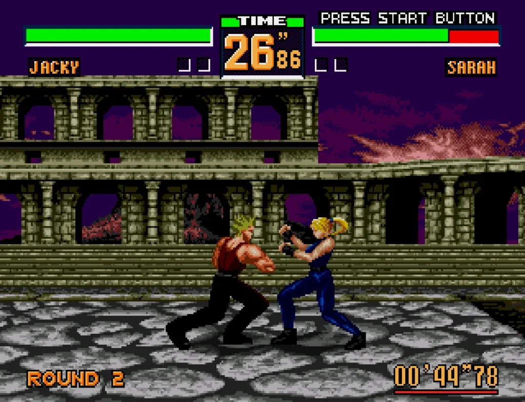 Jackie and Sarah fight outdoors in a colosseum like area with stormy skies and lightning striking in the background.