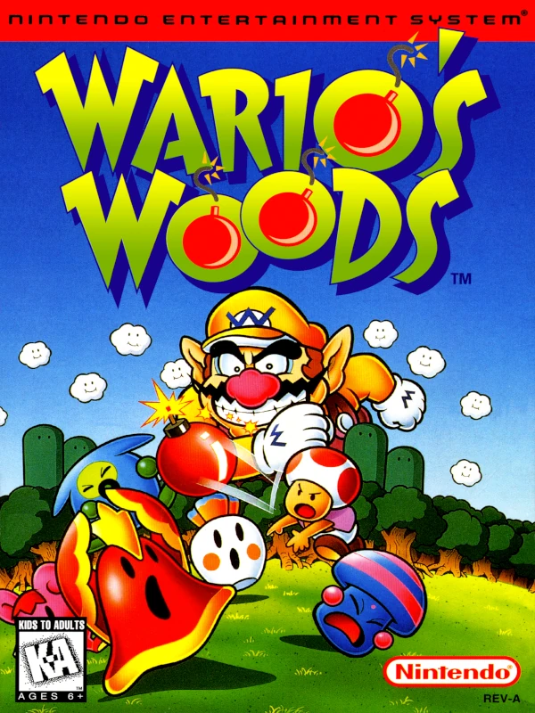 Front cover for Wario's Woods on the Nintendo Entertainment System.