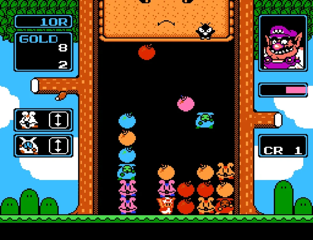 Toad carries a stack of two blocks while more fall from the sky.